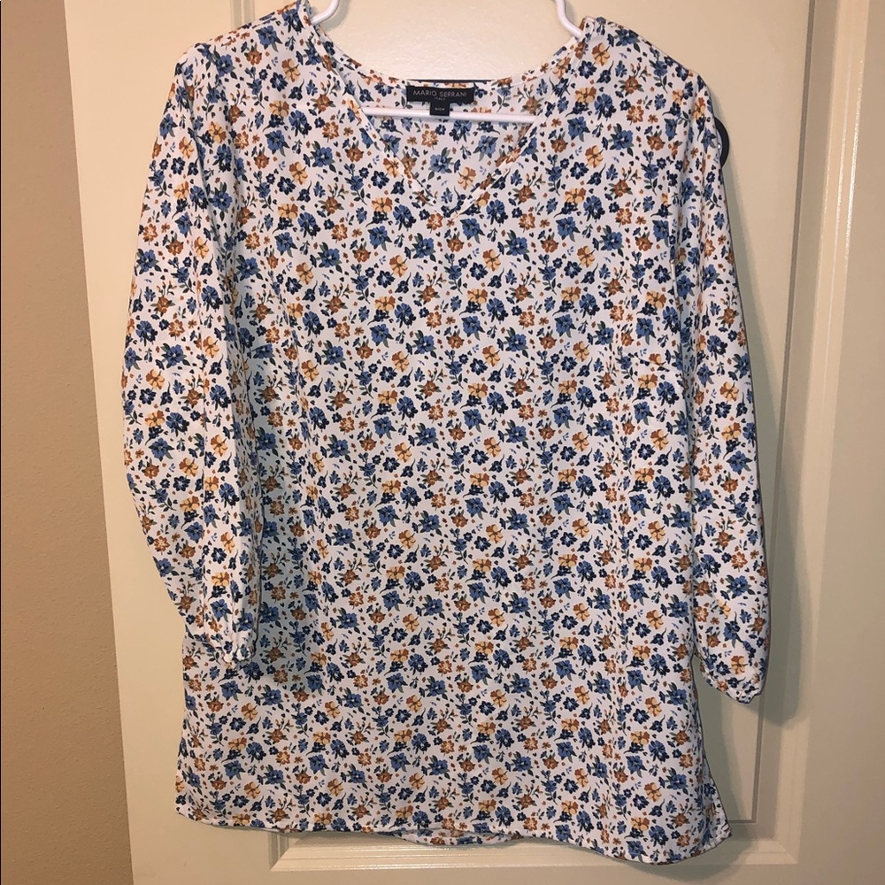 Charter Club White Floral V-Neck Tunic with Blue & Mustard Flowers